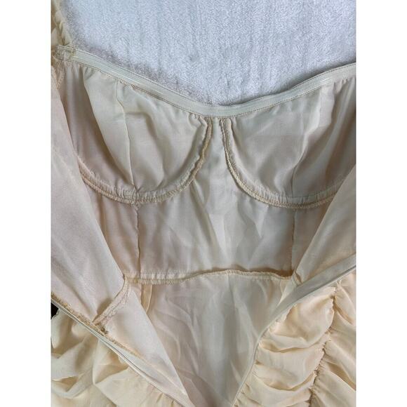 Cream Ruched Long Sleeve Mini Prom Dress Sheer Sleeves Square Neck‎ Bodycon Sz S - Picture 15 of 16